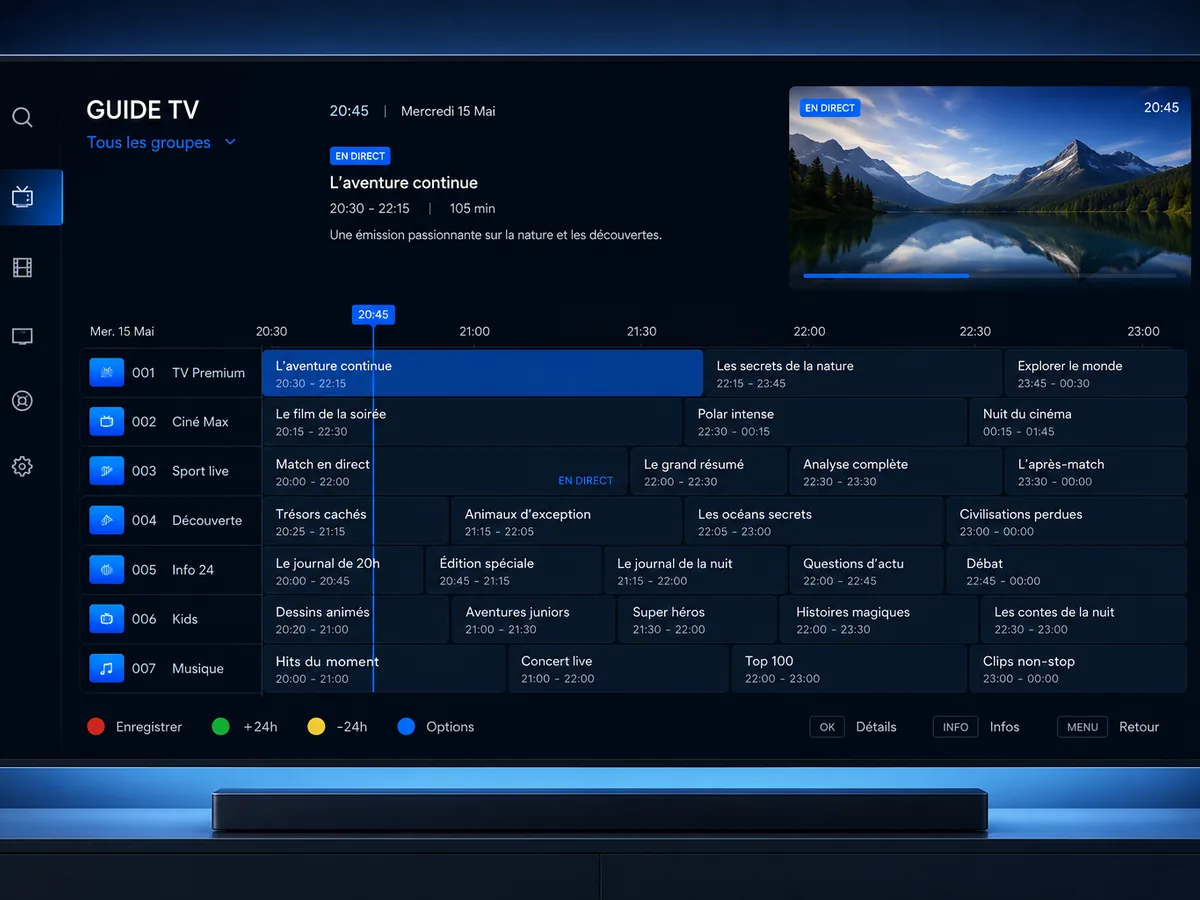 Guide TV EPG de TiviMate IPTV France sur grand écran